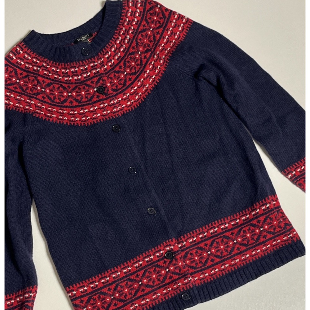 Talbots Petites Fair Isle Lambswool Blend Button Front Cardigan Size SP Navy Red